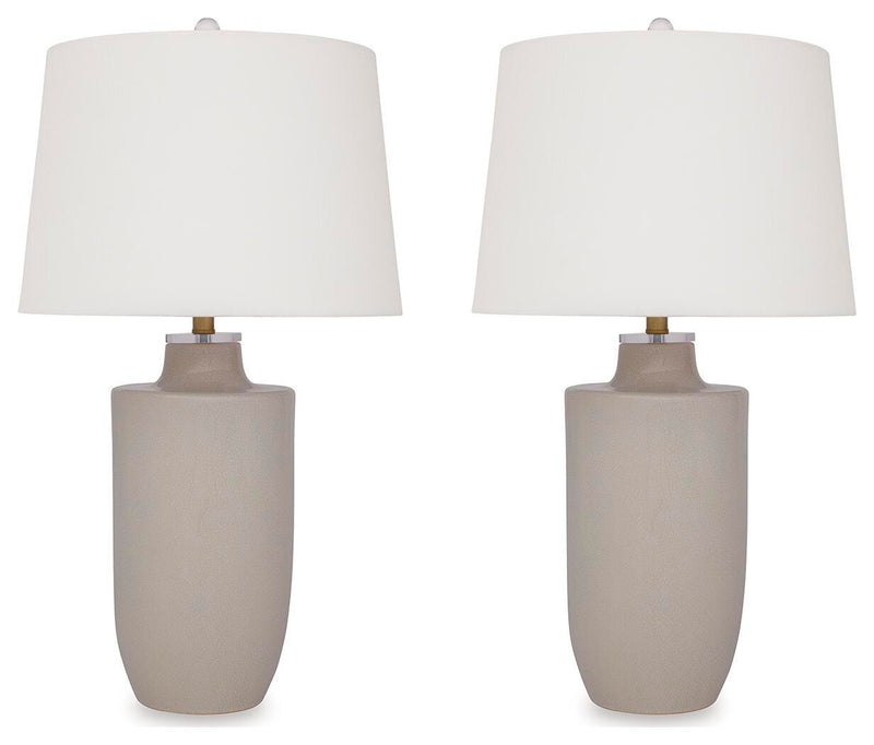 Ashley Furniture Cylener Lamp Set with two modern table lamps featuring sleek bases and neutral lampshades.