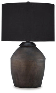 Ashley Furniture Naareman table lamp set with two stylish lamps featuring beige shades and wooden bases, perfect for living room decor.