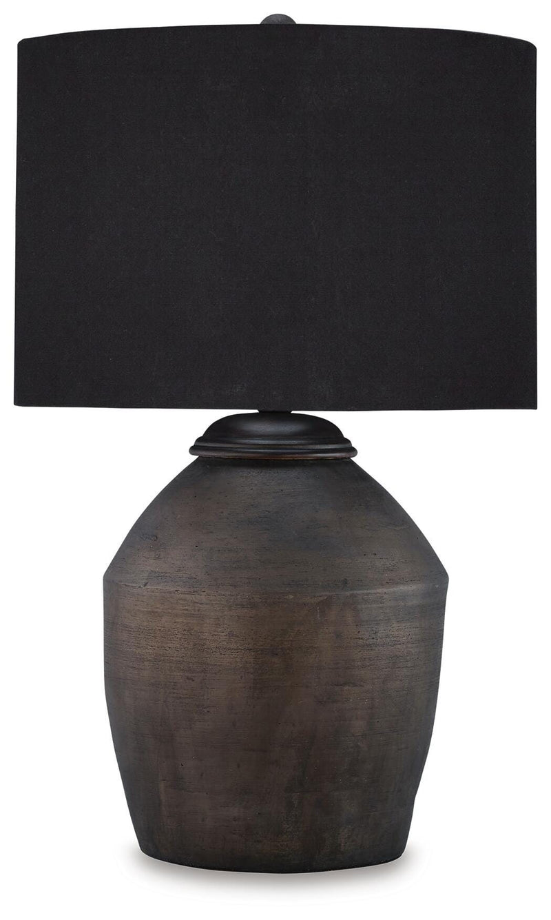 Ashley Furniture Naareman table lamp set with two stylish lamps featuring beige shades and wooden bases, perfect for living room decor.
