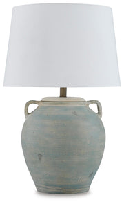 Ashley Furniture Shawburg table lamp set featuring two elegant lamps with neutral shades and classic bases.