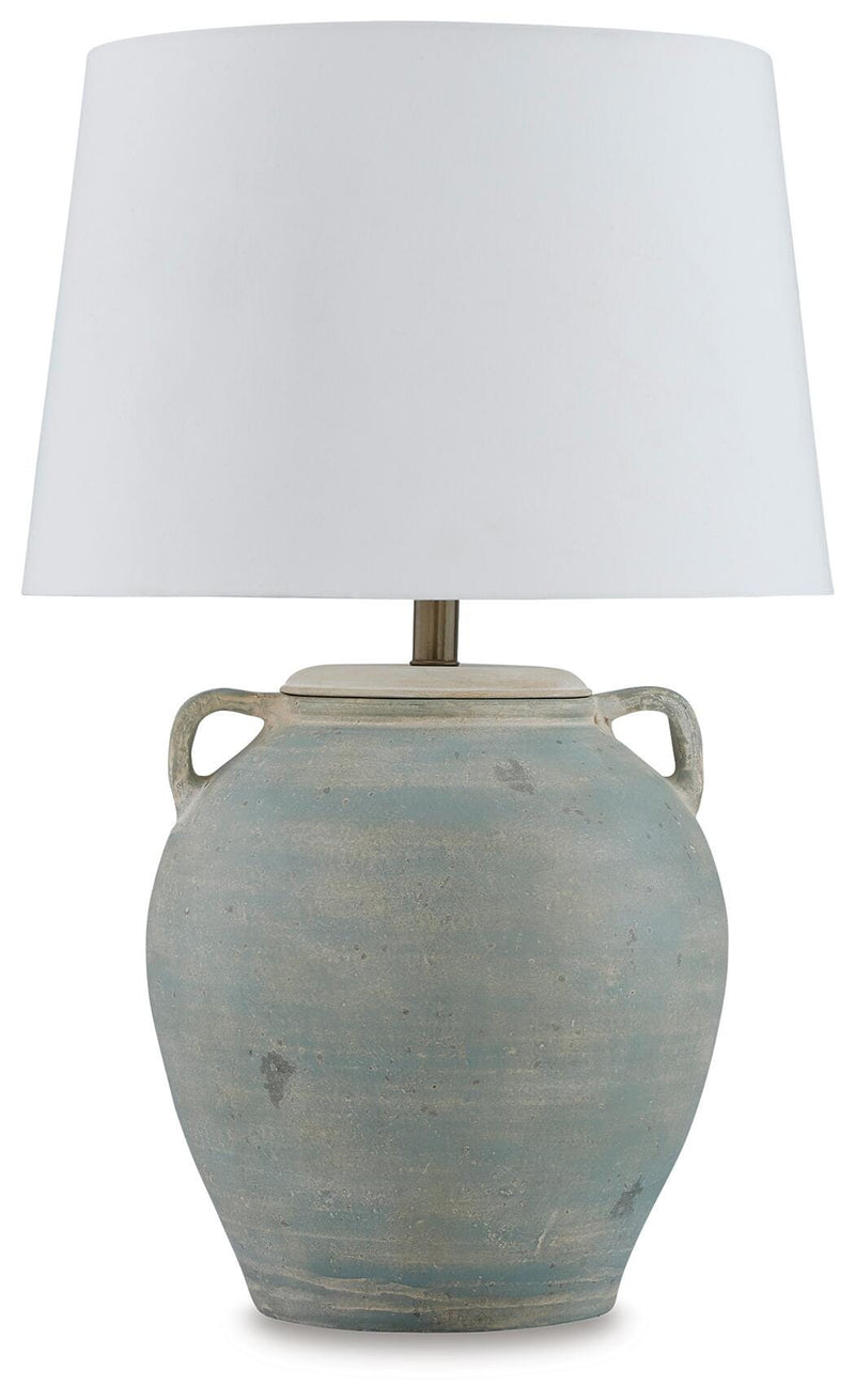 Ashley Furniture Shawburg table lamp set featuring two elegant lamps with neutral shades and classic bases.