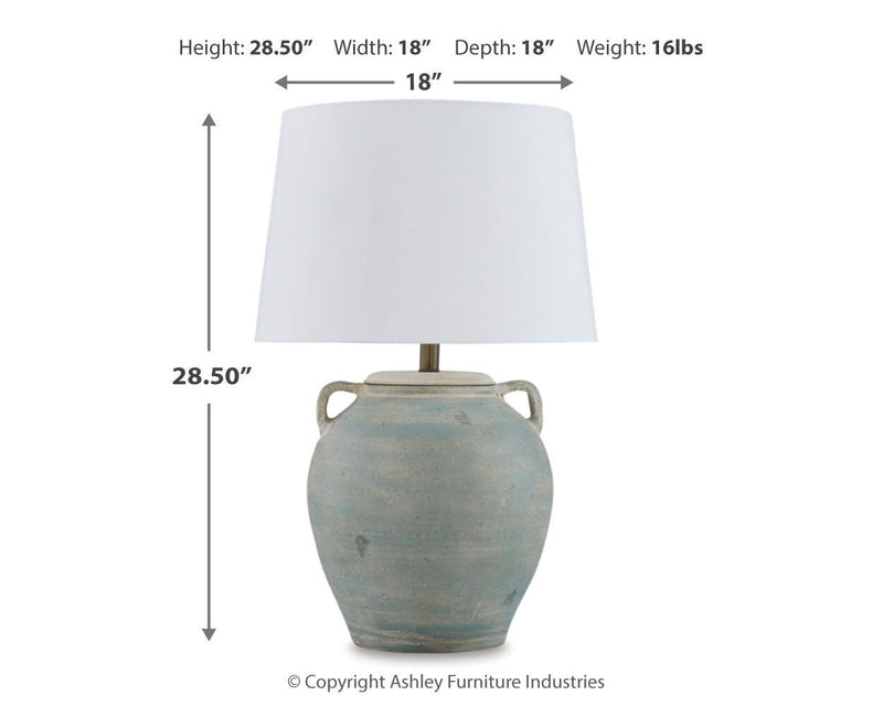 Ashley Furniture Shawburg table lamp set with two elegant ceramic lamps featuring fabric shades, perfect for living room or bedroom decor.