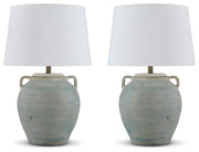Ashley Furniture Shawburg table lamp set featuring two elegant lamps with neutral shades and decorative bases.