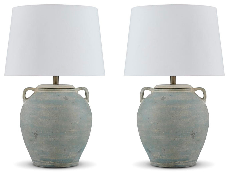 Ashley Furniture Shawburg table lamp set featuring two elegant lamps with neutral shades and decorative bases.