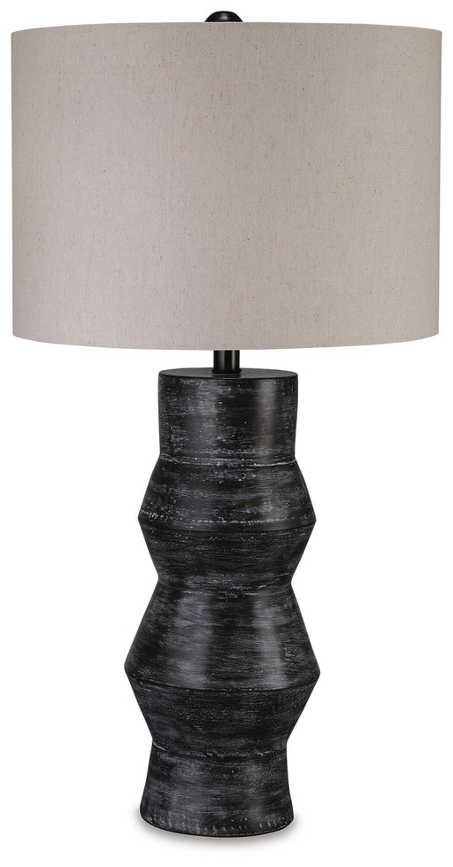 Ashley Furniture Kerbert table lamp with a sleek base and fabric shade, perfect for modern living room or bedside decor.
