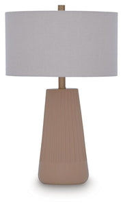 Ashley Furniture Dellner table lamp with a sleek, modern design featuring a white lampshade and wooden base.