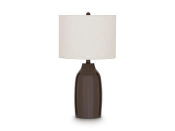 Ashley Furniture Jyler table lamp with a sleek, modern design and a white lampshade on a wooden base.