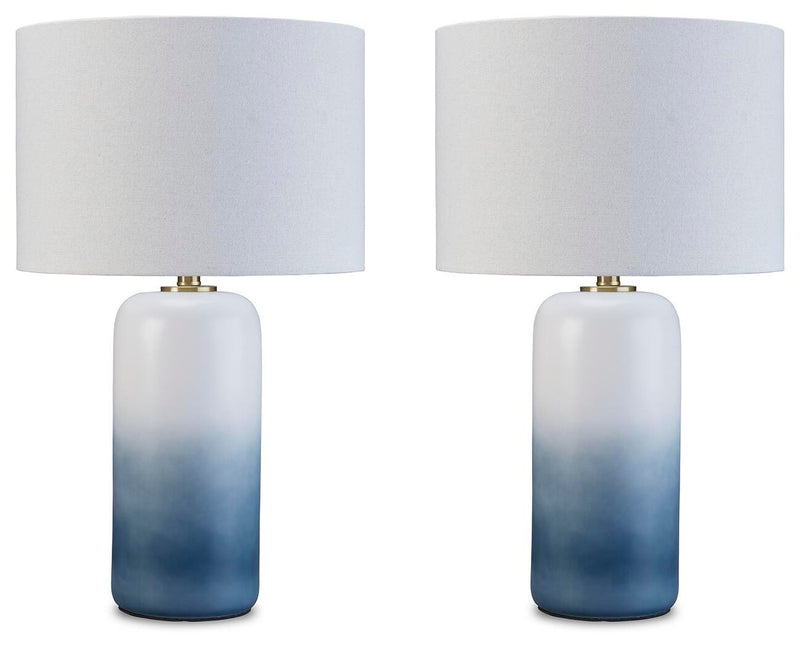 Pair of Lemrich Table Lamps by Ashley Furniture with beige fabric shades and wooden bases on a modern living room side table