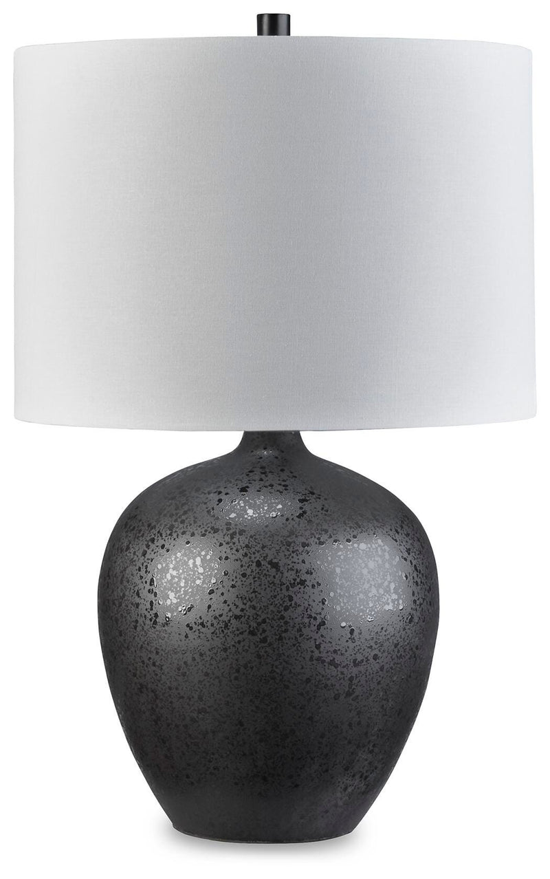Ashley Furniture Ladstow table lamp set with two elegant lamps featuring neutral shades and wooden bases.