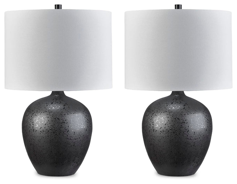 Ashley Furniture Ladstow table lamp set with two stylish lamps featuring neutral shades and modern bases.