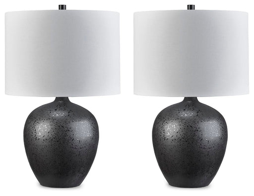 Ashley Furniture Ladstow table lamp set with two stylish lamps featuring neutral shades and modern bases.
