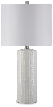 Ashley Furniture Altari Room Set lamp set with two table lamps featuring beige shades and wooden bases, ideal for bedroom decor.