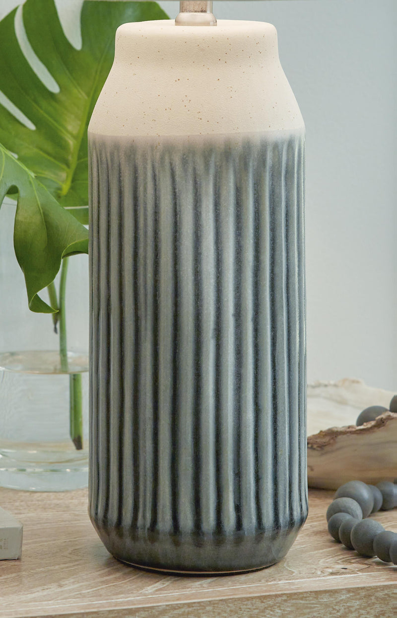 Pair of Ashley Furniture Afener table lamps with beige fabric shades and wooden bases, perfect for bedside or living room decor.