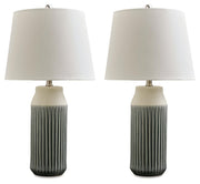 Pair of Ashley Furniture Afener table lamps with beige fabric shades and dark wood bases, ideal for bedside or living room decor.