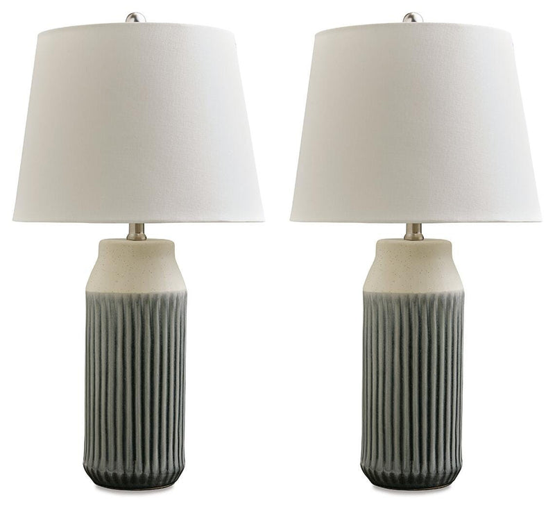 Pair of Ashley Furniture Afener table lamps with beige fabric shades and dark wood bases, ideal for bedside or living room decor.