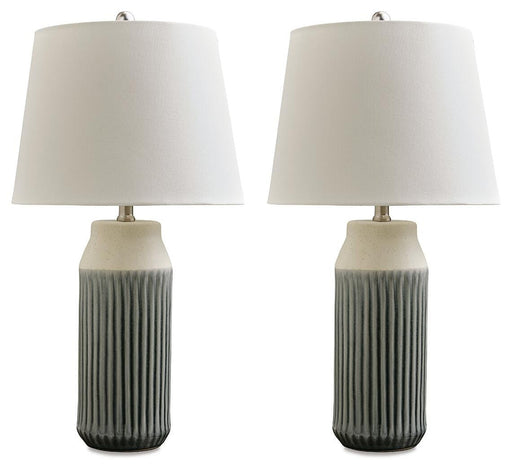 Pair of Ashley Furniture Afener table lamps with beige fabric shades and dark wood bases, ideal for bedside or living room decor.
