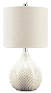 Ashley Furniture Rainermen table lamp set with two stylish lamps featuring sleek bases and neutral fabric shades.
