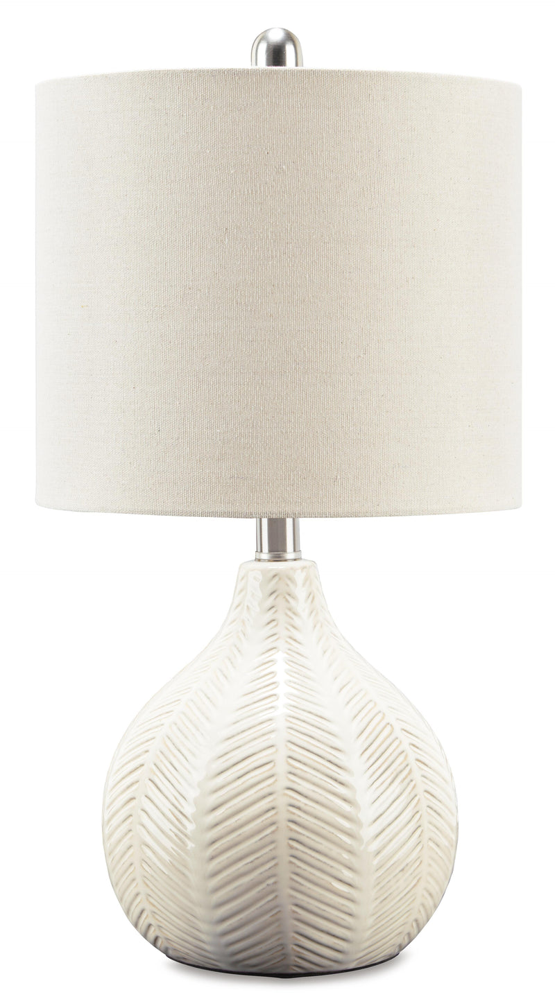 Ashley Furniture Rainermen table lamp set with two stylish lamps featuring sleek bases and neutral fabric shades.