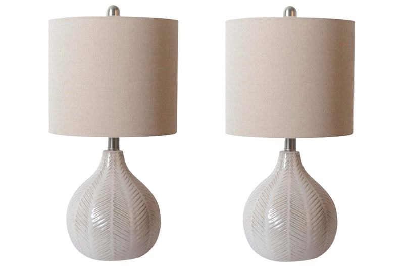 Ashley Furniture Rainermen Lamp Set with two elegant table lamps featuring neutral fabric shades and wooden bases.