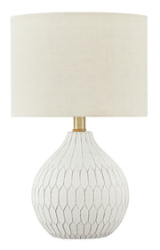 Ashley Furniture Wardmont Lamp Set featuring two elegant table lamps with beige fabric shades and wooden bases.