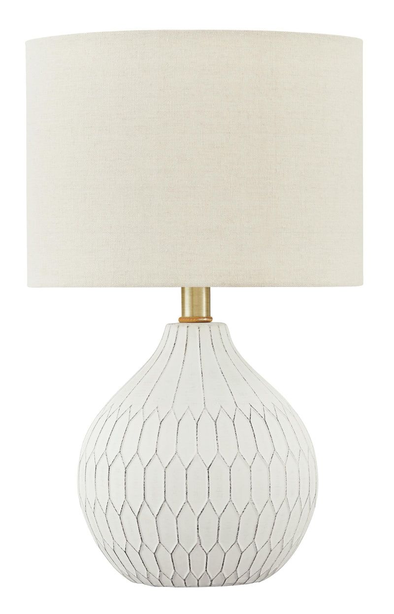 Ashley Furniture Wardmont Lamp Set featuring two elegant table lamps with beige fabric shades and wooden bases.