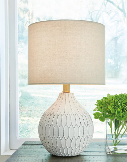 Ashley Furniture Wardmont Lamp Set featuring two elegant table lamps with fabric shades and decorative bases.