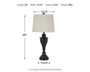 Pair of Darlita table lamps by Ashley Furniture with beige fabric shades and antique bronze bases, perfect for living room or bedside.