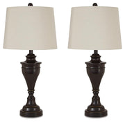Pair of Ashley Furniture Darlita table lamps with textured ceramic bases and fabric shades, ideal for bedside or living room decor.