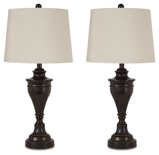 Pair of Ashley Furniture Darlita table lamps with textured ceramic bases and fabric shades, ideal for bedside or living room decor.