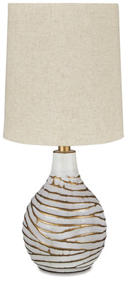 Aleela table lamp by Ashley Furniture with a sleek ceramic base and fabric shade, ideal for modern living room or bedside decor.