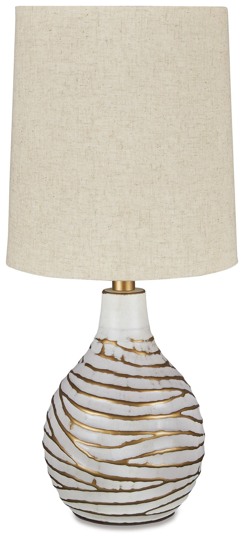 Aleela table lamp by Ashley Furniture with a sleek ceramic base and fabric shade, ideal for modern living room or bedside decor.
