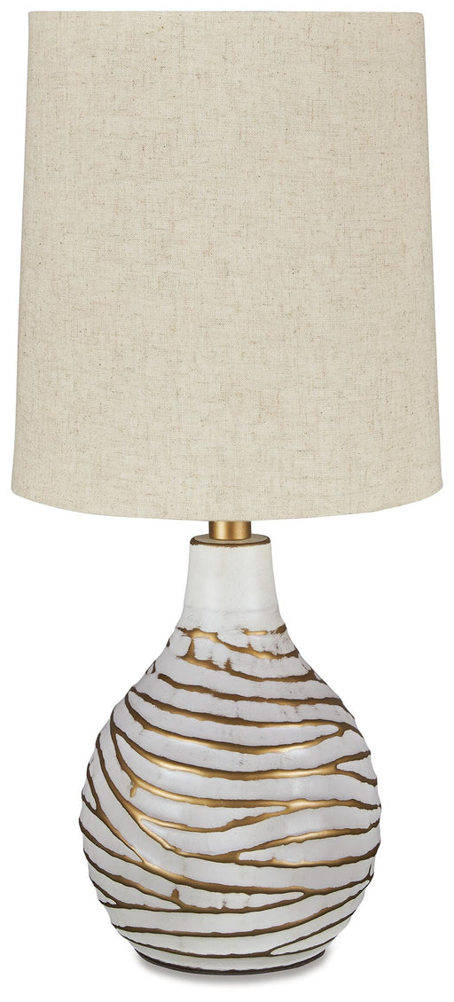 Aleela table lamp by Ashley Furniture with a sleek ceramic base and fabric shade, ideal for modern living room or bedside decor.