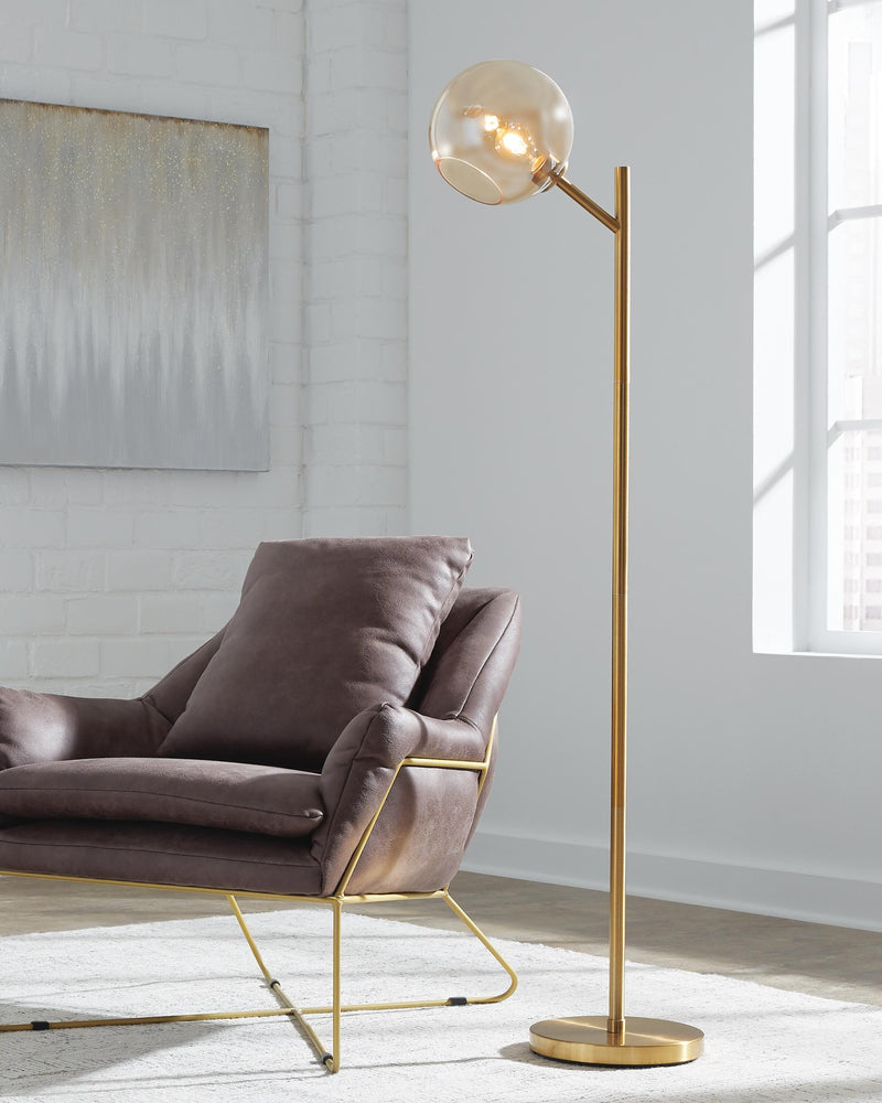 Ashley Furniture Abanson floor lamp with a tall, sleek design and a fabric shade, perfect for modern living room lighting.