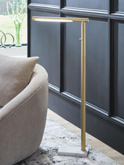 Ashley Furniture Santiford floor lamp with a sleek metal base and fabric shade, designed to add modern lighting to living spaces.