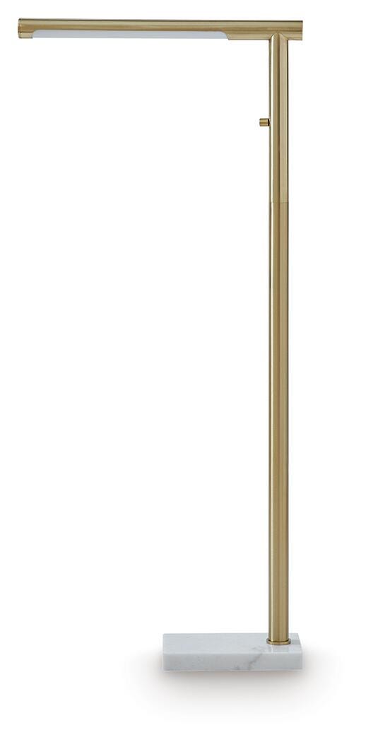 Ashley Furniture Santiford floor lamp with a tall, elegant design and a fabric lampshade, ideal for living room or bedroom lighting