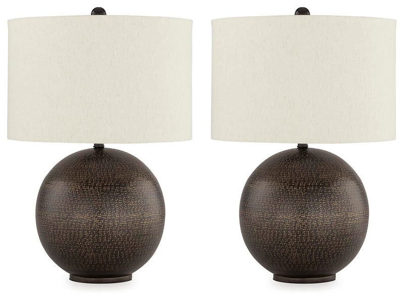 Ashley Furniture Hambell table lamp set with two modern lamps featuring sleek bases and fabric shades on a wooden surface.