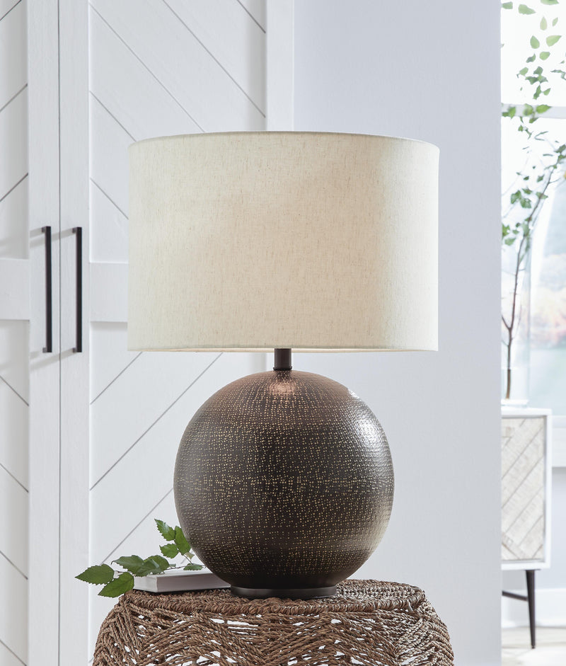 Ashley Furniture Hambell Lamp Set featuring two stylish table lamps with neutral fabric shades and modern design.