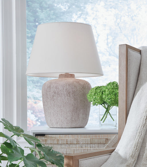 Set of two Ashley Furniture Danry table lamps with fabric shades and dark metal bases, ideal for bedside or living room decor.