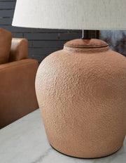 Ashley Furniture Scantor Lamp Set featuring two modern table lamps with fabric shades and sleek bases, perfect for living room decor.
