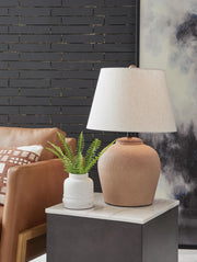 Ashley Furniture Scantor Lamp Set featuring two stylish table lamps with neutral shades and modern bases.