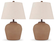 Ashley Furniture Scantor Table Lamp Set featuring two elegant lamps with fabric shades and a modern design.