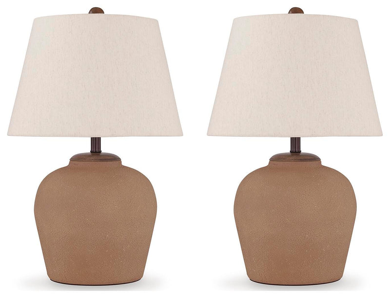 Ashley Furniture Scantor Table Lamp Set featuring two elegant lamps with fabric shades and a modern design.