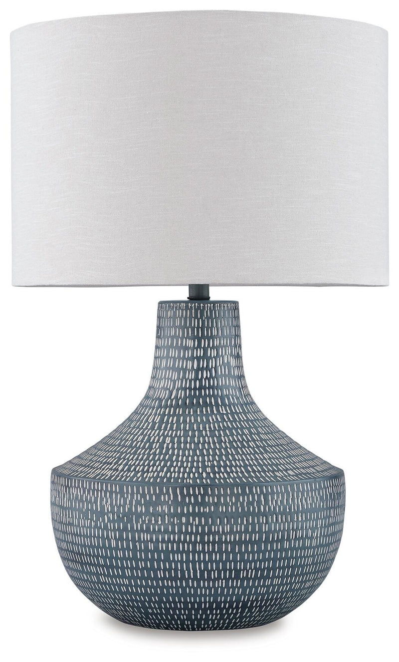 Ashley Furniture Schylarmont table lamp set with two stylish lamps featuring beige shades and decorative bases.