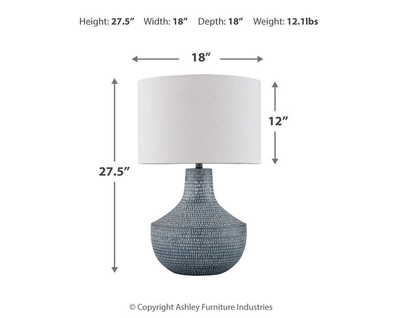 Ashley Furniture Schylarmont table lamp set with two elegant lamps featuring beige shades and decorative bases.