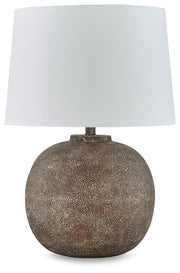 Ashley Furniture Neavesboro table lamp set with stylish beige fabric shades and dark bronze bases, perfect for living room decor.