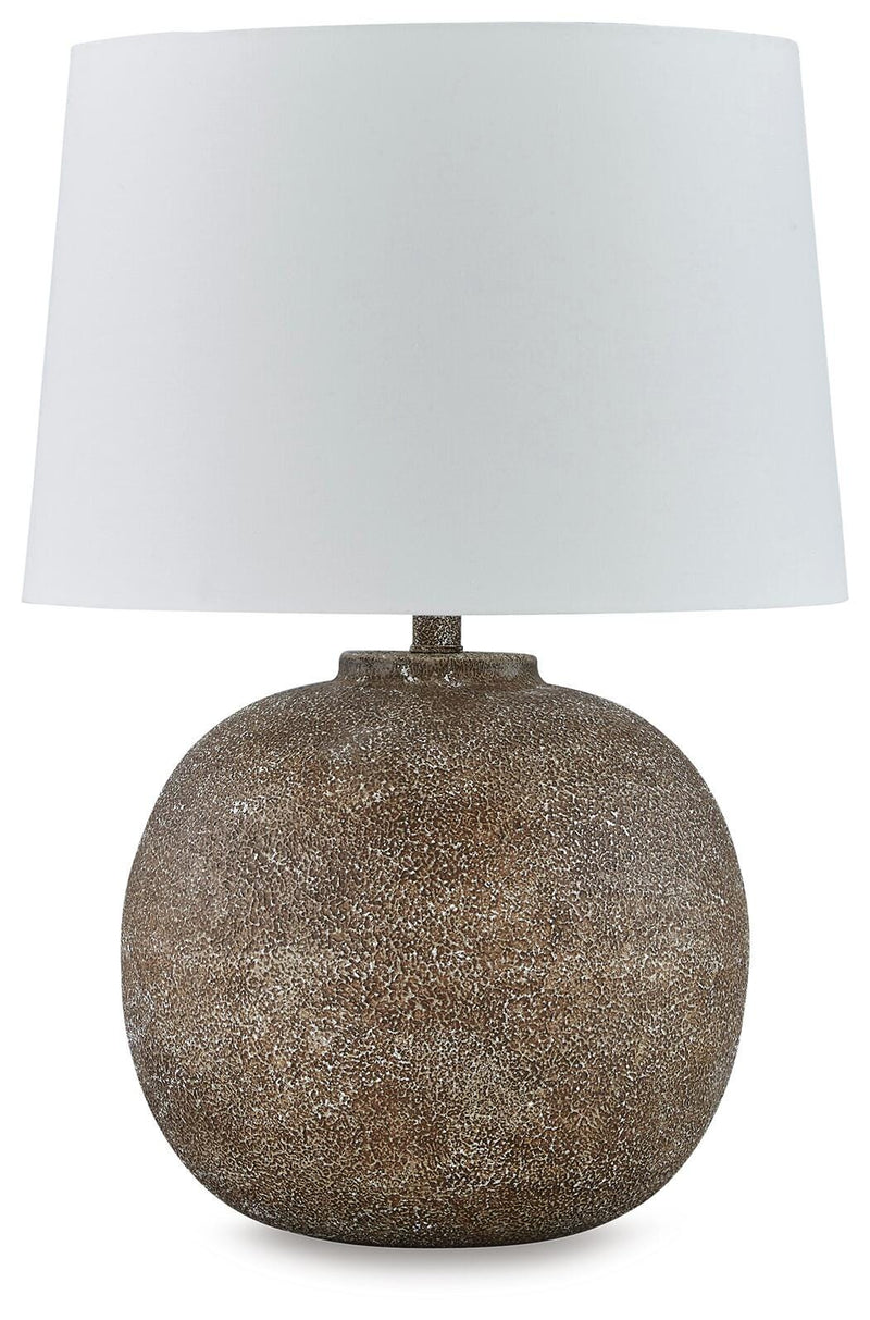 Ashley Furniture Neavesboro table lamp set with stylish beige fabric shades and dark bronze bases, perfect for living room decor.