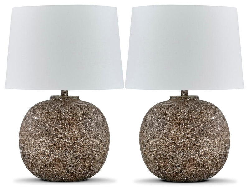 Ashley Furniture Neavesboro table lamp set featuring two elegant lamps with fabric shades and decorative bases.