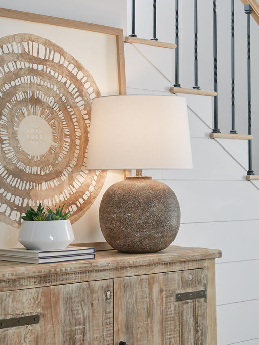 Ashley Furniture Neavesboro table lamp set with elegant ceramic bases and fabric shades, perfect for living room or bedroom decor.