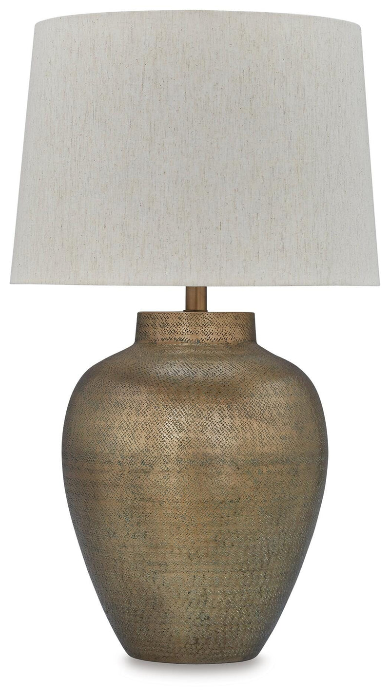 Ashley Furniture Madney Lamp Set with two stylish table lamps featuring modern bases and fabric shades.