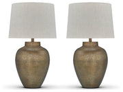 Ashley Furniture Madney Lamp Set with two stylish table lamps featuring neutral fabric shades and wooden bases.